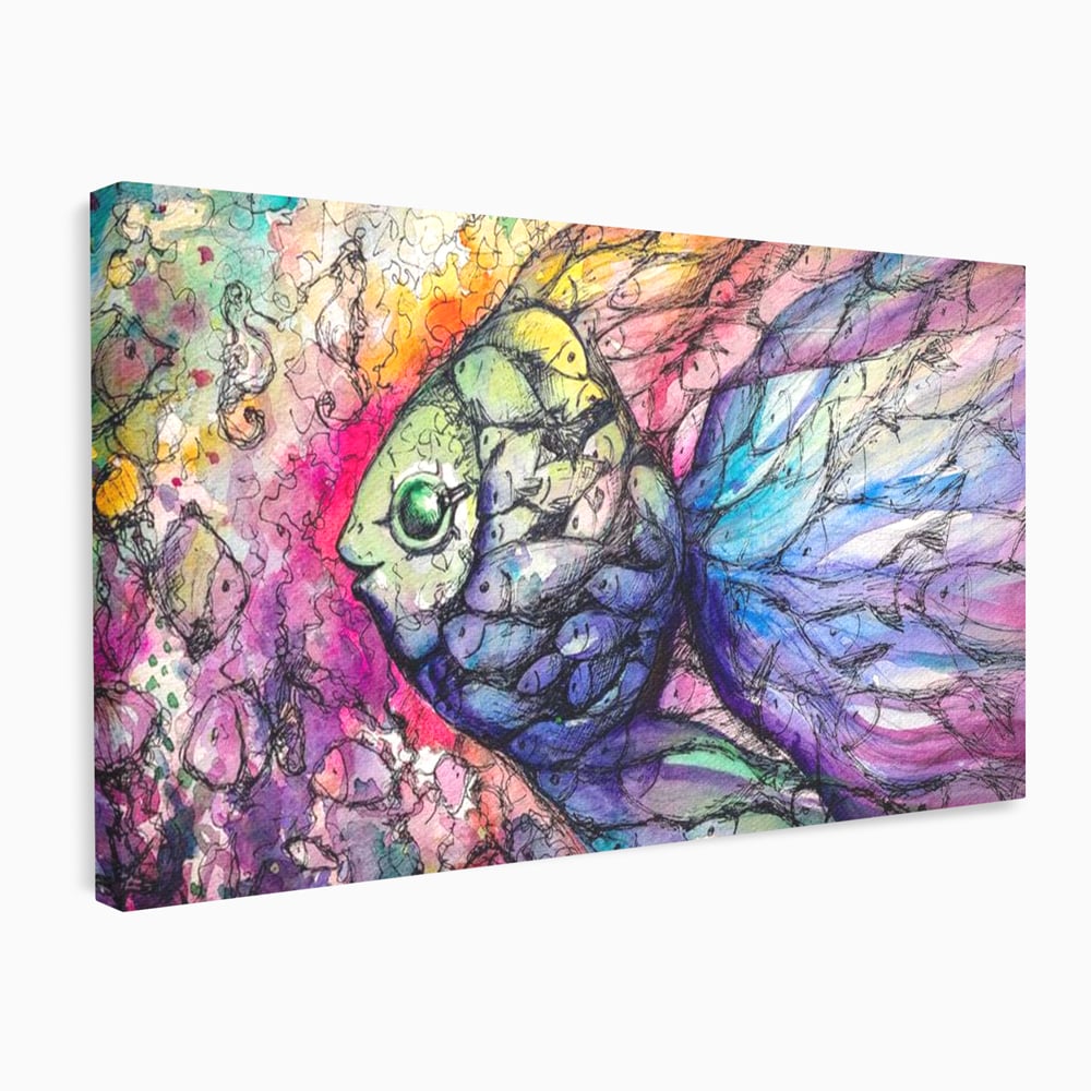 Tablou canvas cu tablou canvas cu peste mare din pesti mici, fara rama, pe sasiu de lemn